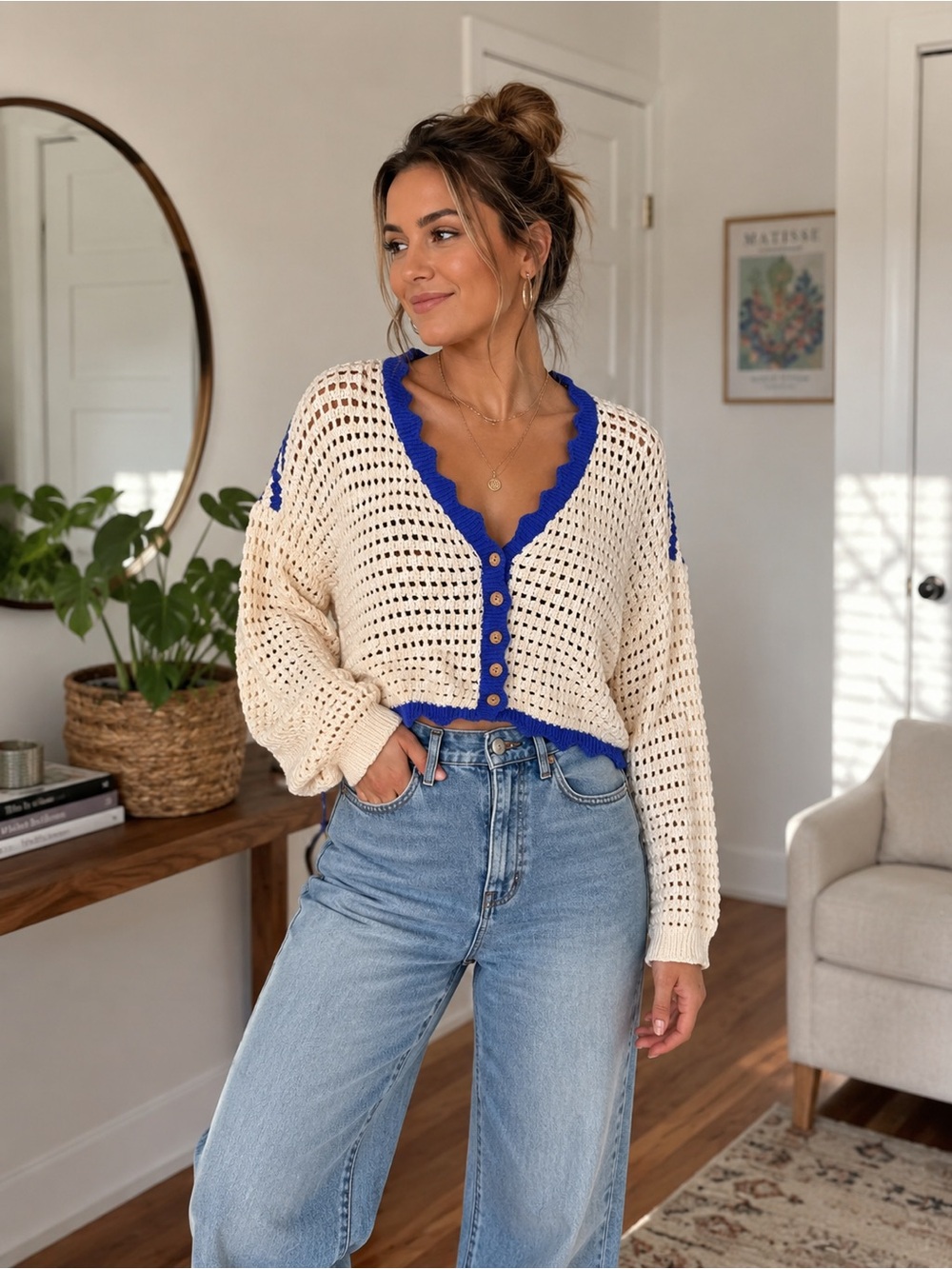 Cropped Cream Open-Knit Cardigan with Blue Trim